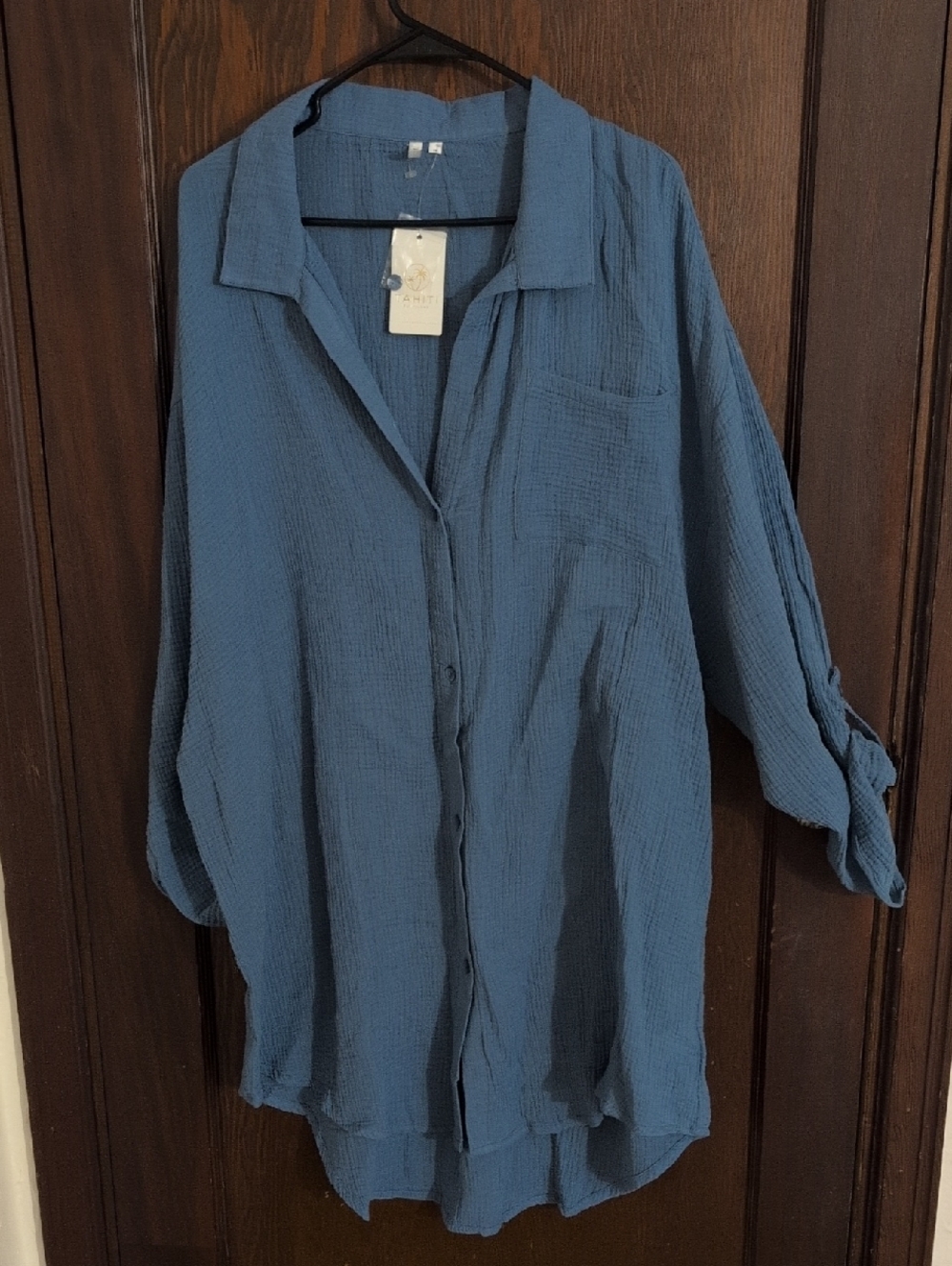 Tahiti Textured Button-Up Shirt in Slate Blue Cover Up Size 1X